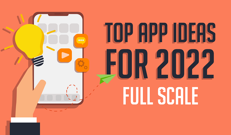 An illustration representing the concept of innovative mobile app trends for the year 2022, featuring a graphical representation of a hand holding a smartphone with app icons and a light bulb, alongside the text "top