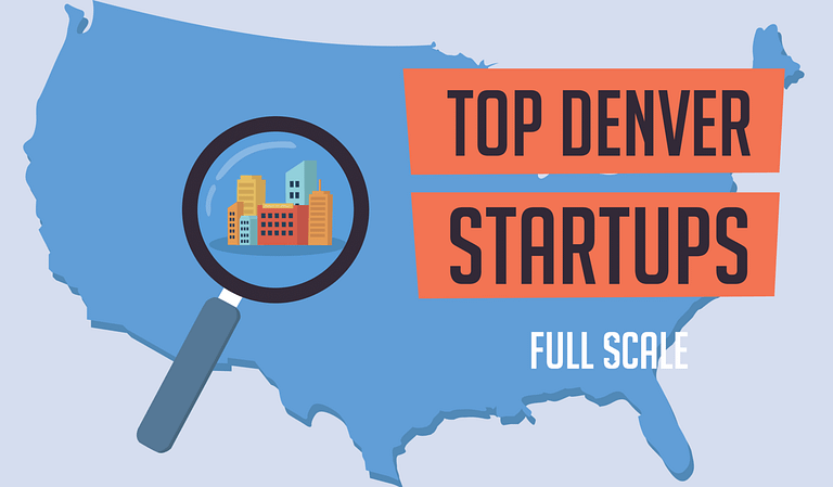 Graphic showcasing top startups in Denver with a magnifying glass over a map of the United States and the city's skyline.
