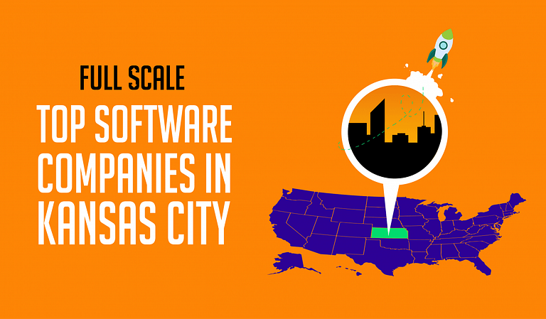 Graphic banner featuring a list of top software companies in Kansas City, with an illustration of a magnifying glass focusing on Kansas City on the U.S. map and a rocket launching from the magnified area