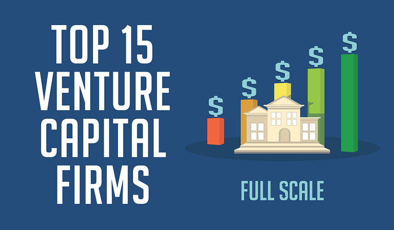 An infographic highlighting the top 15 venture capital firms, featuring a building icon and growing financial bars to represent investment growth.