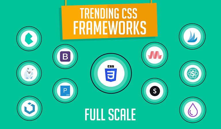 A graphic showcasing icons of various trending CSS frameworks with the words "trending CSS frameworks" in a banner at the top and "full scale" at the bottom on a green background.