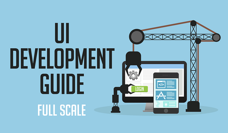 An illustrative representation of a UI development guide concept, featuring a construction crane and coding elements integrated with mobile devices, symbolizing the building of a user interface.