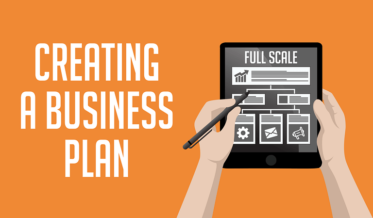 Two hands holding a tablet with a stylus pointing to a screen displaying graphics related to a business plan, with the text "Business Plan Creation" above.