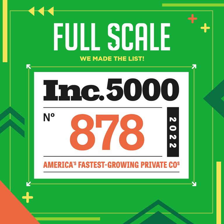 Graphic image showcasing an achievement, with the text "Full Scale Makes Inc. 5000 List!" prominently displayed and an Inc. 5000 logo indicating a ranking of number 878 for America's