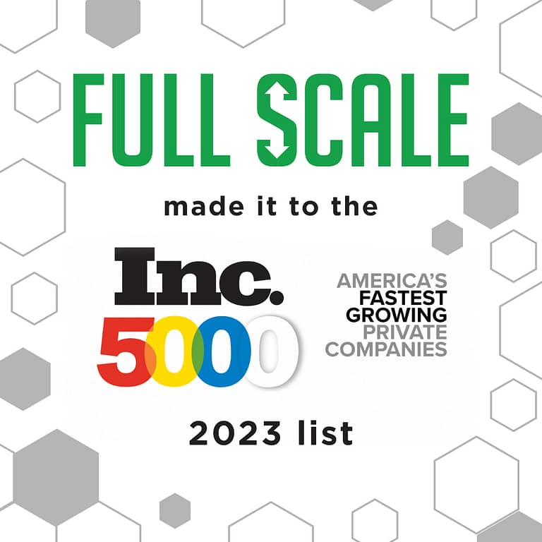 Company announcement graphic stating that "full scale" has been included on the "Inc. 5000 list 2023" of America's fastest-growing private companies.