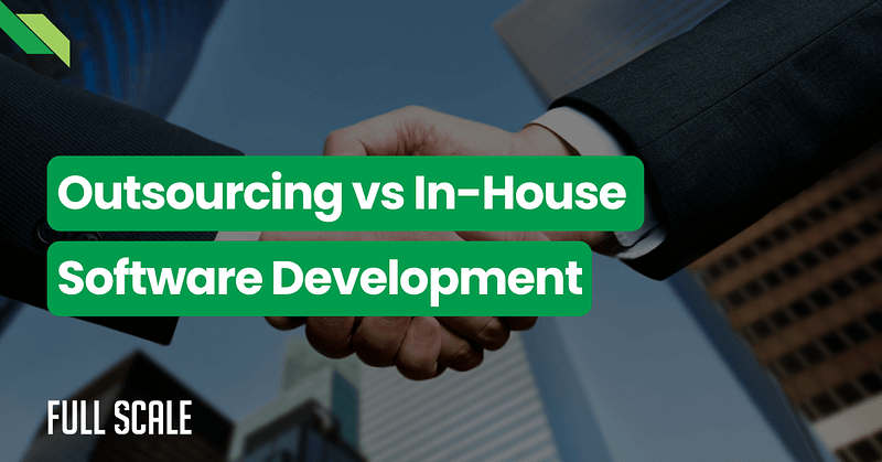 Two business professionals shaking hands with text overlay reading "Outsourcing vs In-House" on a city background.