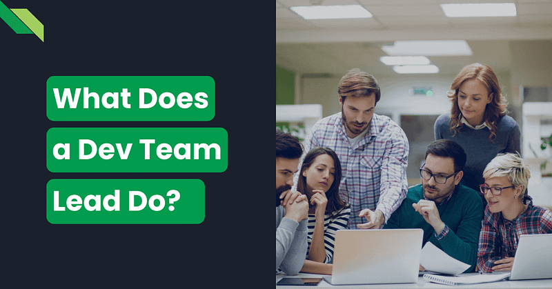 The development team lead collaborates with the team on a project in an office setting.