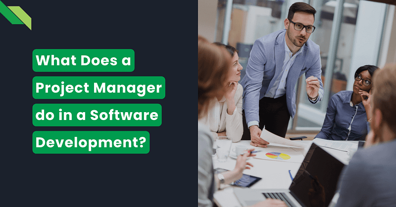 Project manager leading a "What Does a Project Manager Do" discussion with a team in a software development meeting.
