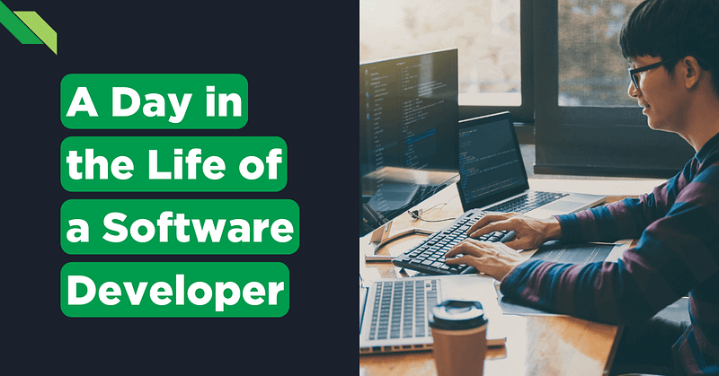 Asian software developer working on a laptop in an office setting with a promotional graphic reading "A Day in the Life of a Software Developer".
