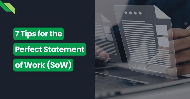Person browsing through a digital document titled '7 tips for the perfect statement of work (SoW) in software development' on a transparent display over a laptop.