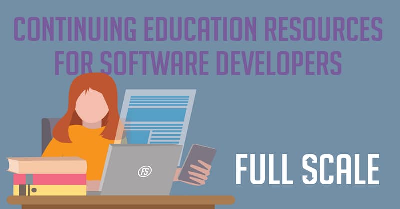 An illustration promoting resources for software developers, featuring a cartoon woman at a desk with a laptop, books, and a smartphone, with the logo "full scale.