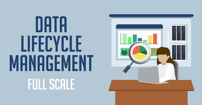 An illustration of a professional office setting displaying the concept of data lifecycle management at full scale, with a person working on a laptop and analytics graphics in the background.