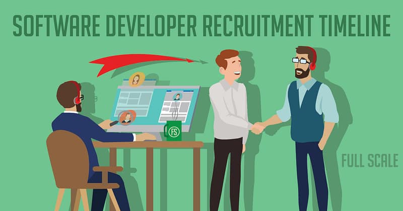 An illustration depicting the hiring timeline of software developer recruitment, showing an applicant being interviewed and subsequently hired.