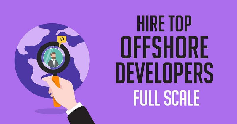 Illustration of a magnifying glass focused on a figure within a globe, with text promoting the hiring of top offshore developers.