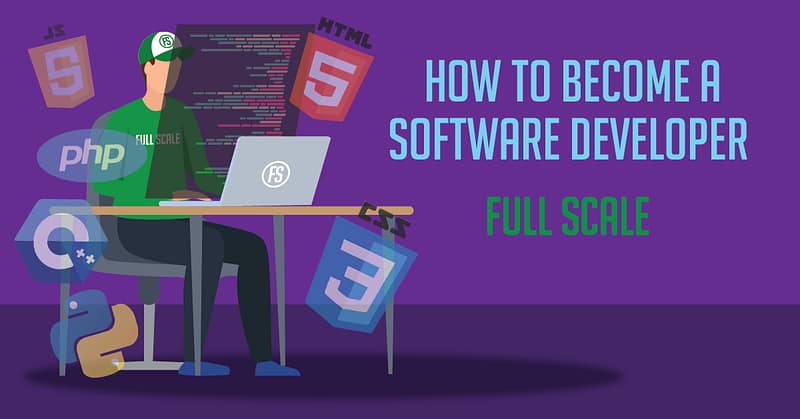 A cartoon illustration of a person sitting at a desk with a laptop, depicting various elements associated with software development, such as programming language icons and the text "how to become a software developer" – full