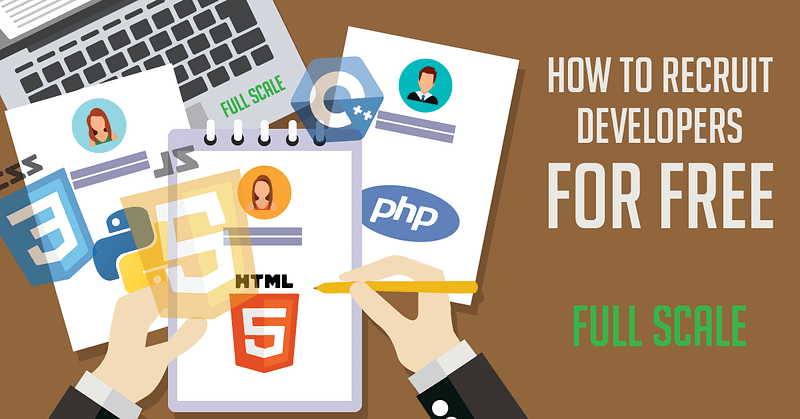 An illustrated overview of a desktop with various web development icons and a notebook with text that reads "Recruit Developers for Free," attributed to full scale.