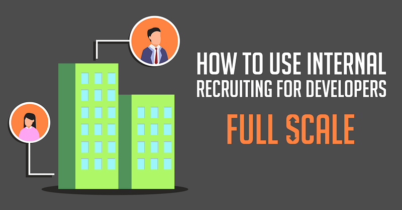 A graphic promoting "Internal Recruiting for Developers" with a depiction of office buildings and icons representing professional individuals.