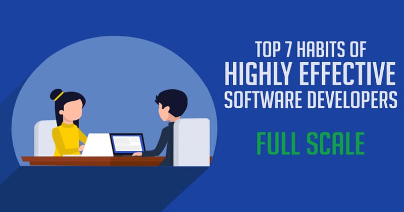 Two animated characters, one female and one male, are sitting across from each other at a desk with a laptop, against a blue background with text that reads "Top 7 Habits of Highly Effective