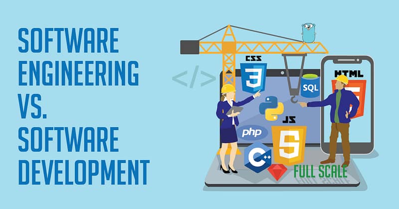 An illustrated comparison between software engineering and software development, with icons and characters representing different programming languages and development tools.