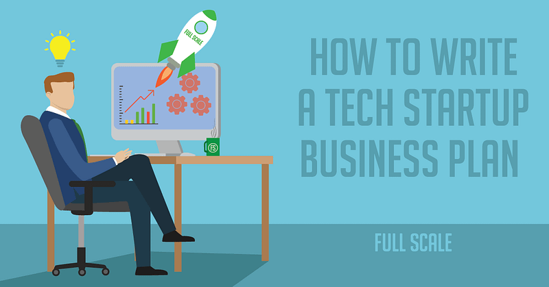 A man sits at a desk looking at a computer screen displaying graphs and gears, with a rocket labeled "growth" launching from the screen, symbolizing a tech startup business plan.