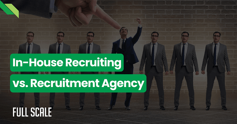 Image of two rows of identical men in suits, one row being manipulated by a large hand from above, with text comparing "in-house recruiting vs. recruitment agency.