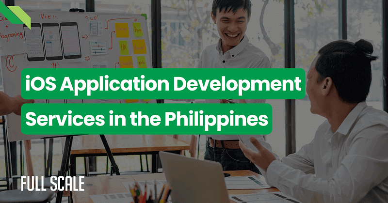 Three people in an office discuss iOS application development services in the Philippines, with one person pointing at a whiteboard displaying notes and diagrams.