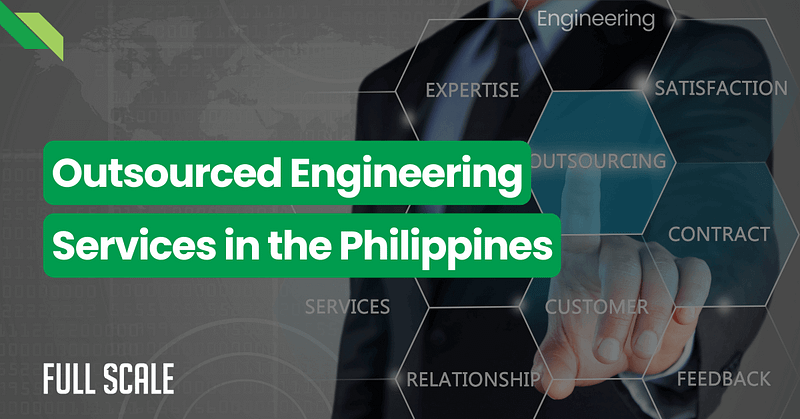 A person in a suit points to a hexagonal graphic with words like "Engineering," "Expertise," and "Outsourcing." Text overlay reads "Outsourced Engineering Services in the Philippines.