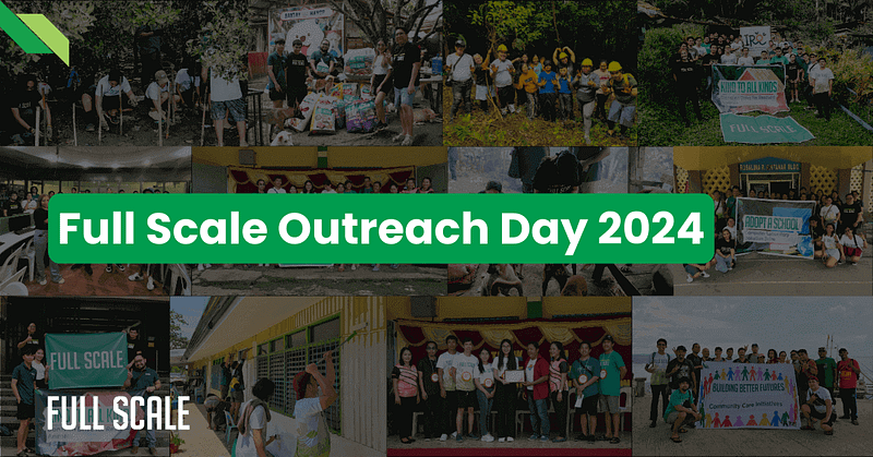 Collage of community activities with groups of people, trees, and banners. Text overlay reads "Full Scale Outreach Day 2024.