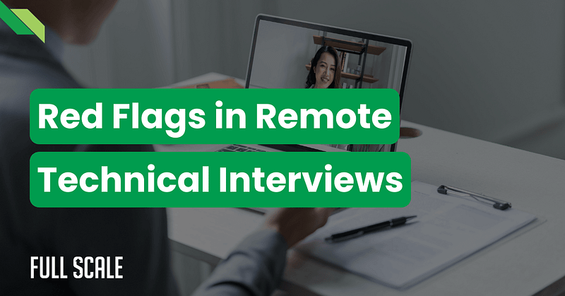 Person in a video call on a laptop, with text overlay: "Red Flags in Remote Technical Interviews." Clipboard and notes visible on desk, highlighting the critical build vs. buy software development decision when evaluating candidates for custom software vs. off-the-shelf solutions.