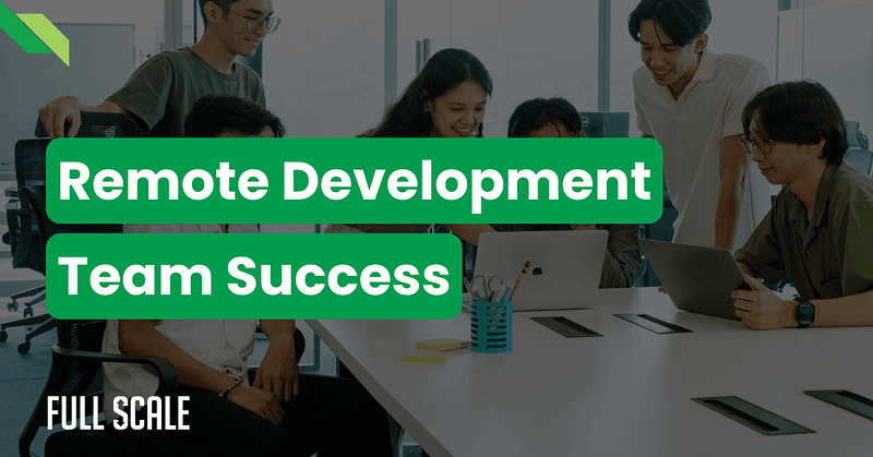A group of people gather around a table with laptops, smiling and collaborating. Text overlay reads, "Offshore Software Dev Team Success.
