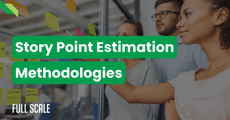 A diverse group of professionals discuss and organize colorful sticky notes on a glass wall. The text reads "Story Point Estimation Methodologies.