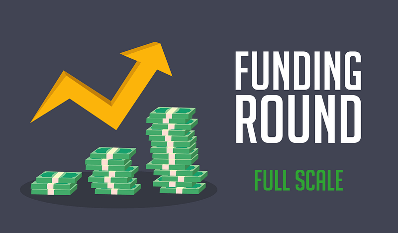 Graphical representation of a funding round with an upward-trending arrow and stacks of currency symbolizing financial growth.