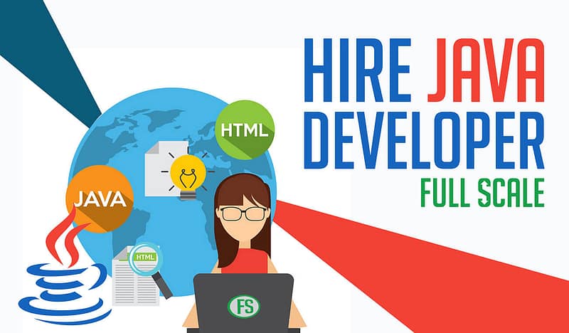A woman with a laptop and the words hire Java Developer full scale.