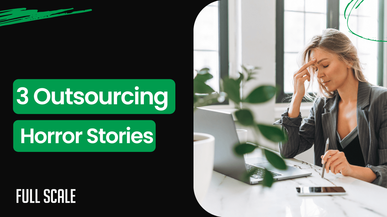 Businesswoman looks stressed while reading outsourcing stories on her computer.