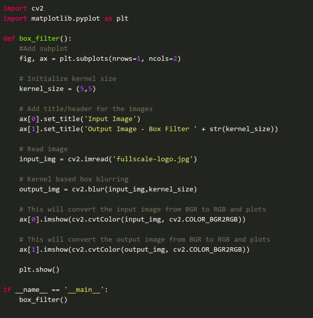 code implementation of linear filtering using box filter algorithm