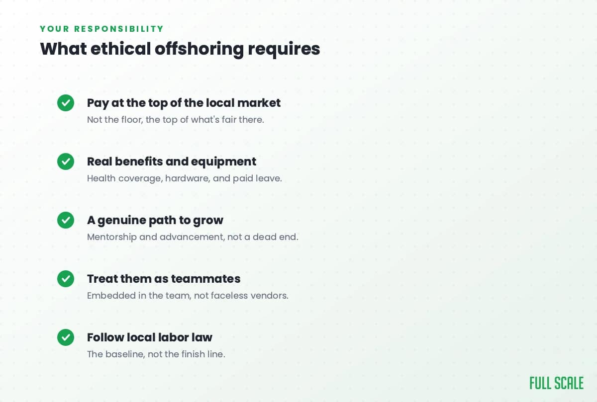 What ethical offshoring requires: pay at the top of the local market, provide real benefits and equipment, offer a genuine path to grow, treat people as teammates not vendors, and follow local labor law.