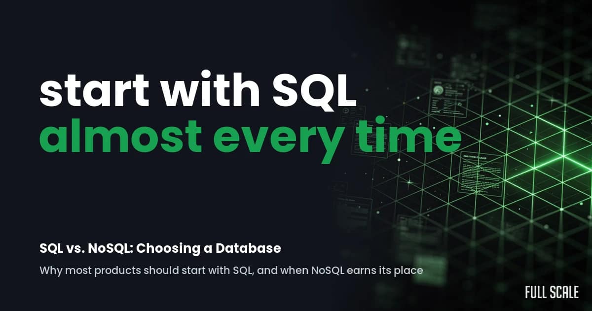A digital graphic with the text "Start with SQL almost every time" and "SQL vs. NoSQL: Choosing a Database" over a dark, tech-themed background with a green grid.