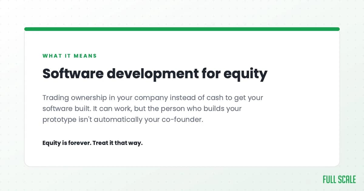 Software development for equity means trading ownership in your company instead of cash to get your software built. It can work, but the person who builds your prototype isn't automatically your co-founder. Equity is forever, so treat it that way.