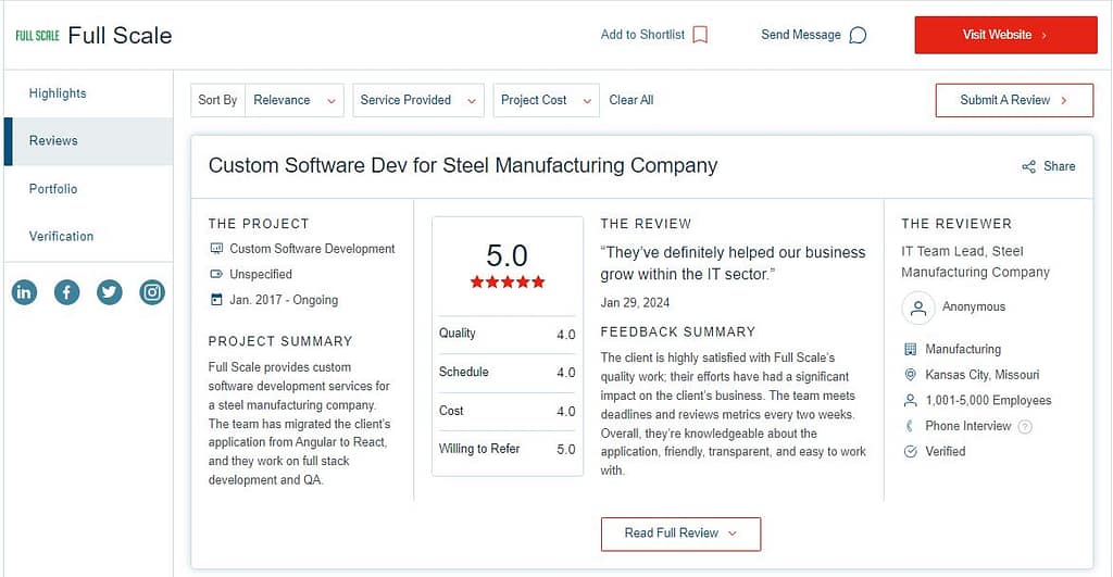 Screenshot of a customer review for custom software development services with a 5-star rating indicating positive feedback.