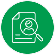 White icon of a document with a magnifying glass showing a person symbol, on a green circular background.