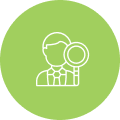 Icon of a person wearing a tie, holding a magnifying glass, on a green circular background.