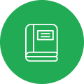 White book icon on a green circular background.