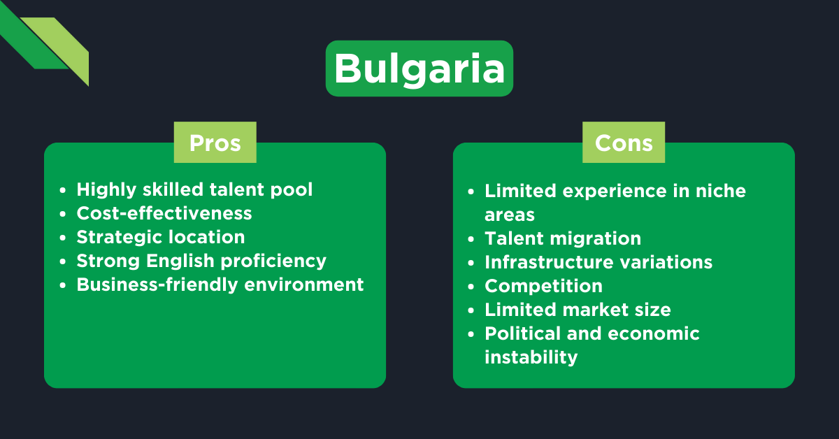 Graphic comparing the pros and cons of doing business in Bulgaria, one of the best countries to hire software engineers.