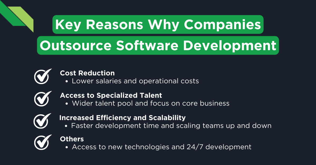 Key reasons for outsourcing software development including cost reduction, increased efficiency, and access to the best countries to hire software engineers.