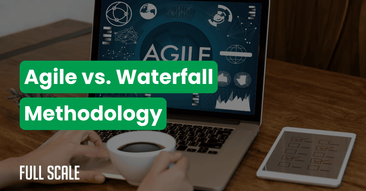 A person holding a cup sits at a table with a laptop displaying "Agile vs. Waterfall Methodology," highlighting the difference between agile and waterfall, while a tablet beside them shows a checklist.