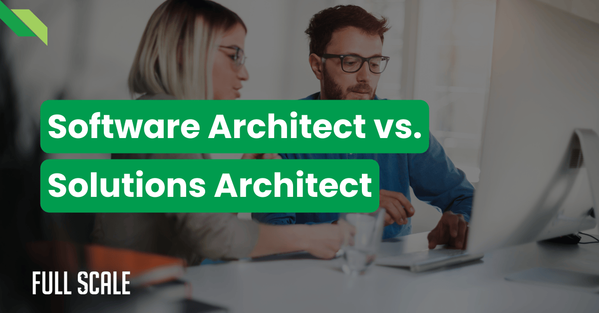 Two people working at a desk with a text overlay: "Software Architect vs. Solutions Architect – navigating the key differences as discussed in solutions architect vs. software engineer Reddit forums.