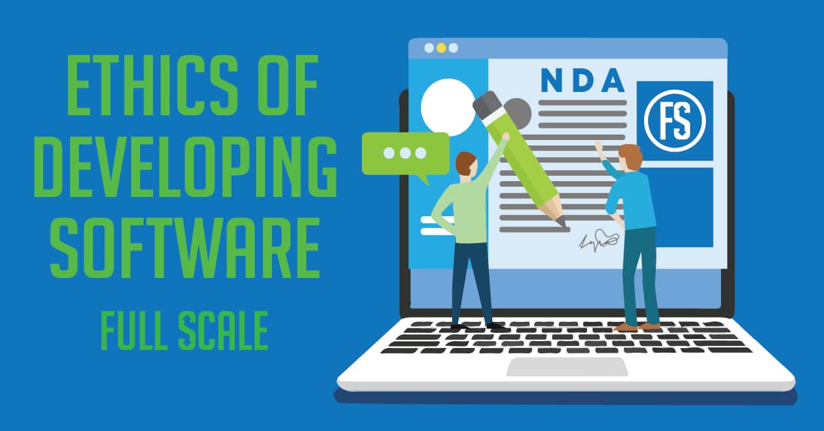 Two animated characters are discussing a non-disclosure agreement (NDA) on a large document displayed on a laptop screen, with the phrase "ethical issues in software development" and the logo of .