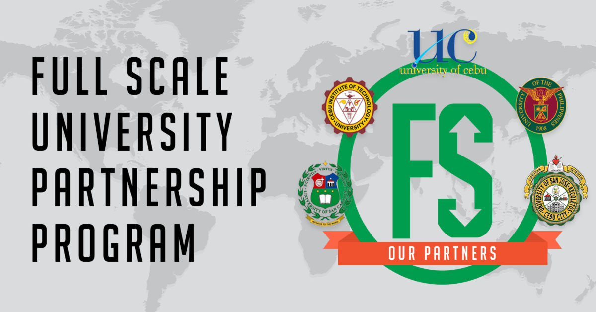 Promotional graphic for the "full-scale university partnership program" featuring logos of the University of Cebu and associated partner institutions against a world map background.
