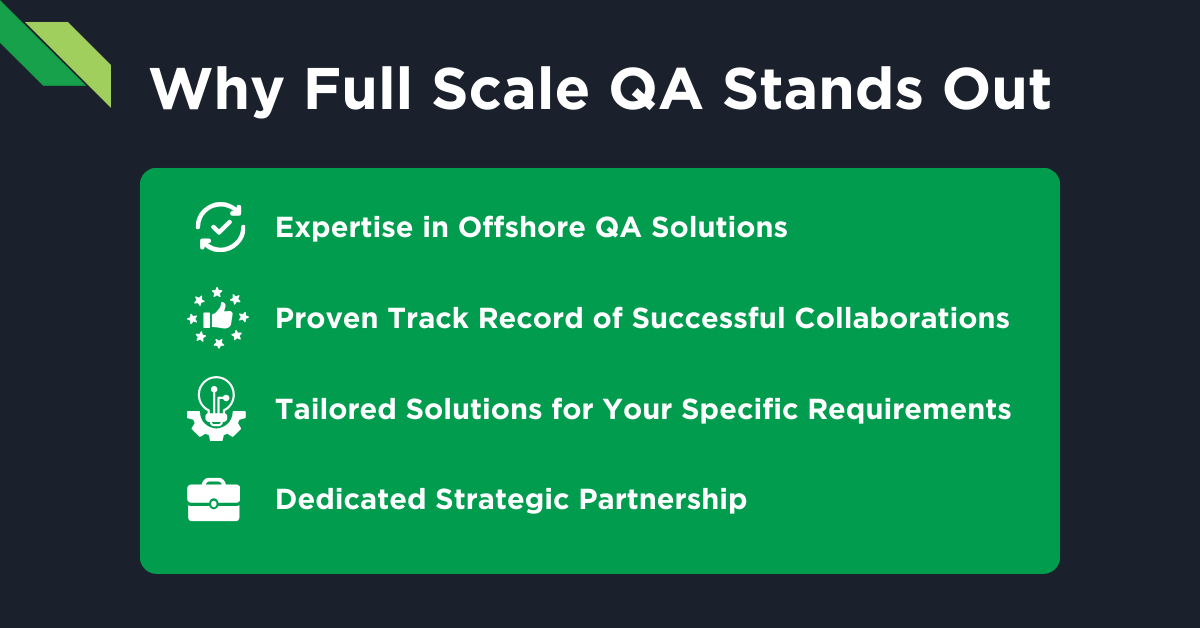 Graphic highlighting the advantages of hiring offshore QA for your startup, including expertise in offshore solutions, successful track record, tailored solutions, and strategic partnership.