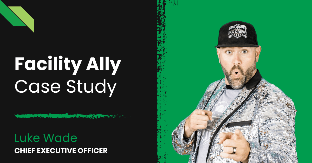 Man in sequined jacket pointing at himself next to text about a Full Scale facility case study with his name and title.